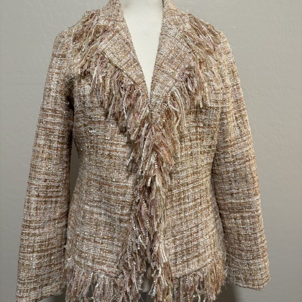 Boston Proper Blazer/Jacket. Pink, white, tan, gold sequin. Tweed. size 10.